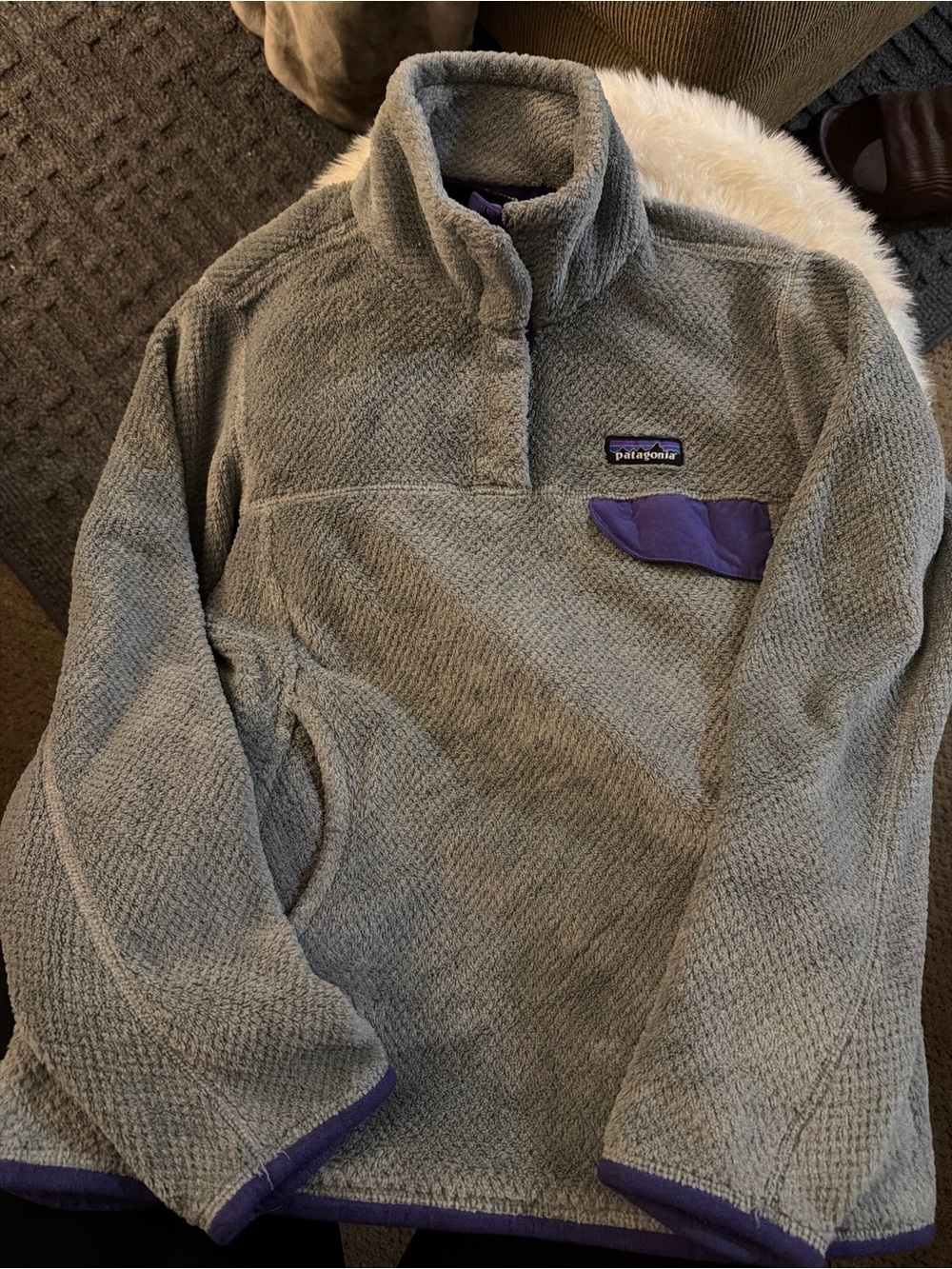 Patagonia Gray Fleece Pullover with Purple Trim - Picture 2 of 7